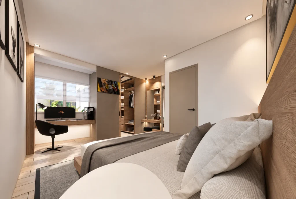 Chambre avec bureau et dressing — Appartement K, Rabat — rendu 3D DECO3D.ma