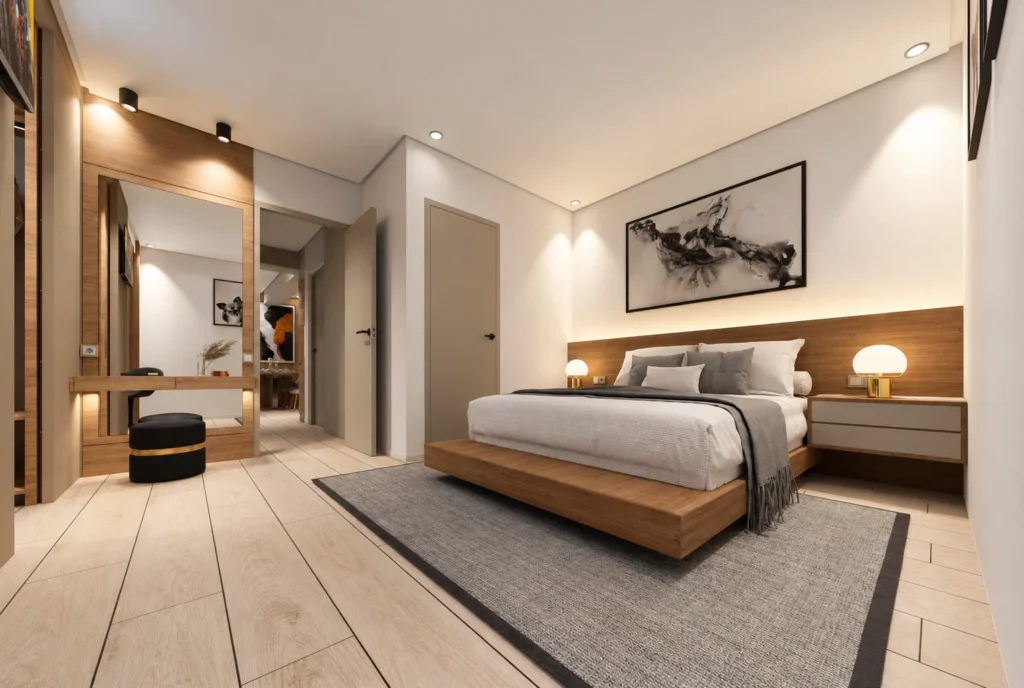 Chambre avec coiffeuse en bois — Appartement K, Rabat — rendu 3D DECO3D.ma
