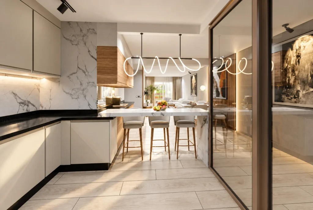 Bar de cuisine en marbre — Appartement K, Rabat — rendu 3D DECO3D.ma
