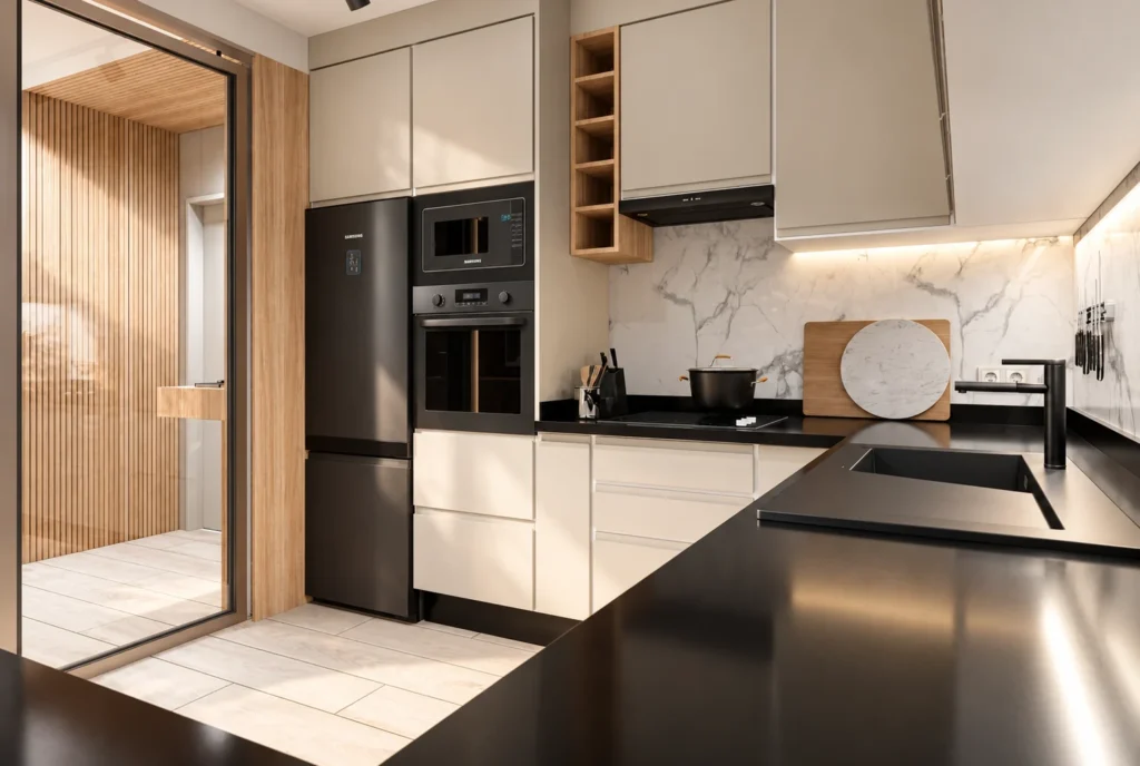 Cuisine au plan de travail noir — Appartement K, Rabat — rendu 3D DECO3D.ma
