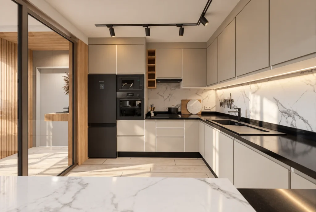 Cuisine avec verrière — Appartement K, Rabat — rendu 3D DECO3D.ma