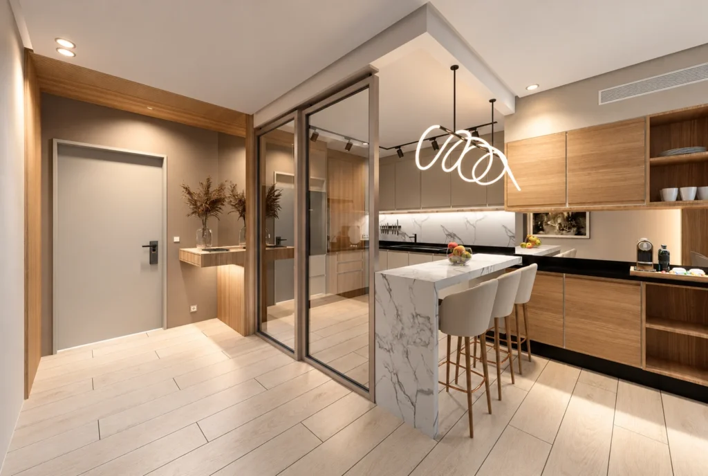 Entrée et verrière de cuisine — Appartement K, Rabat — rendu 3D DECO3D.ma