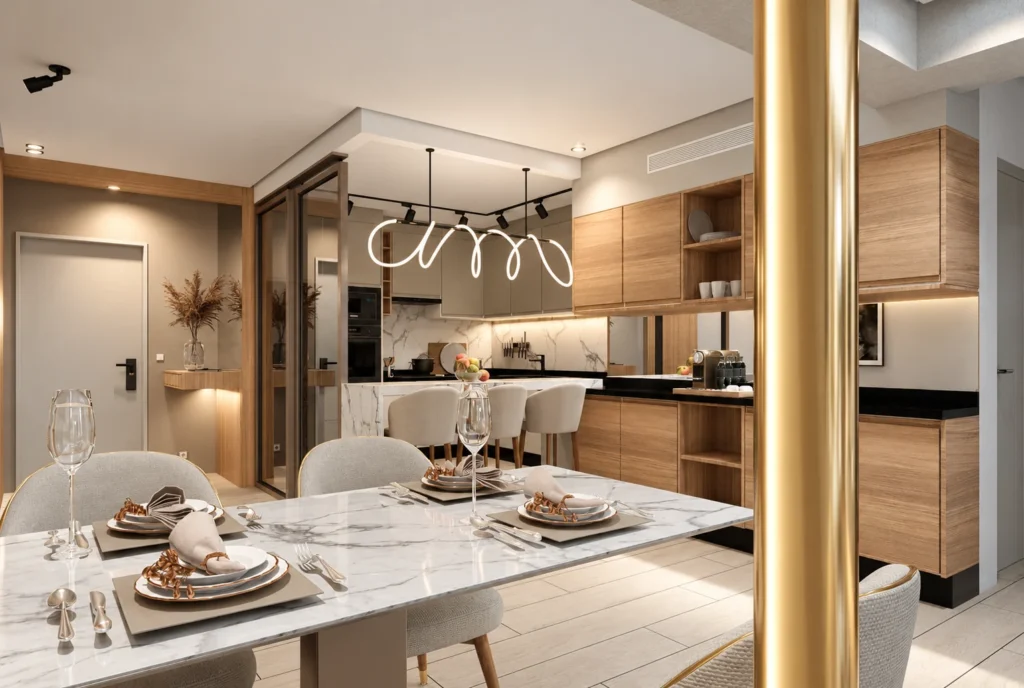 Salle à manger et cuisine — Appartement K, Rabat — rendu 3D DECO3D.ma