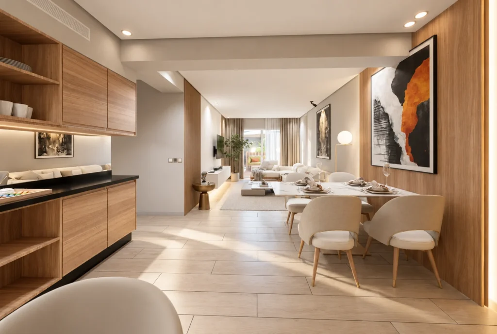 Salle à manger ouverte sur le salon — Appartement K, Rabat — rendu 3D DECO3D.ma