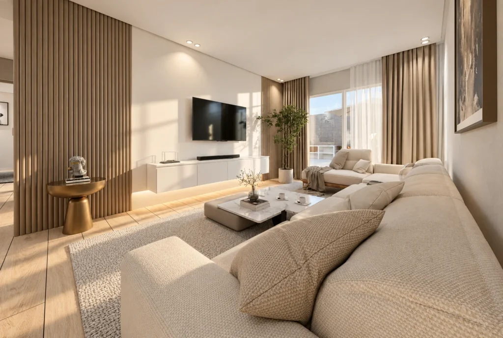 Salon avec canapé blanc — Appartement K, Rabat — rendu 3D DECO3D.ma