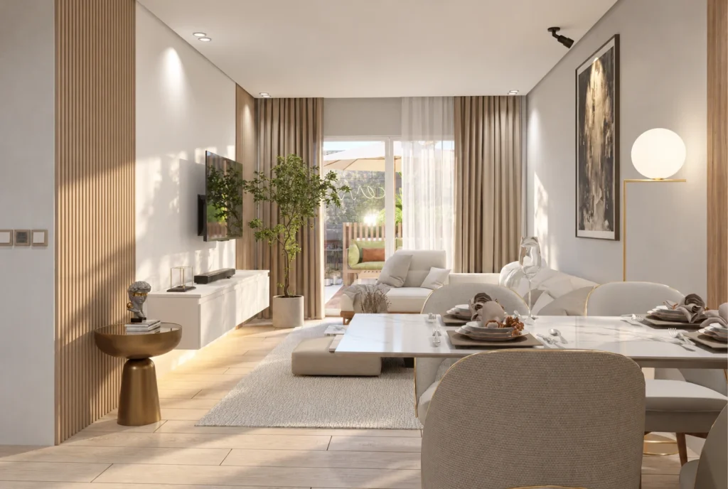 Salon ouvert sur la terrasse — Appartement K, Rabat — rendu 3D DECO3D.ma