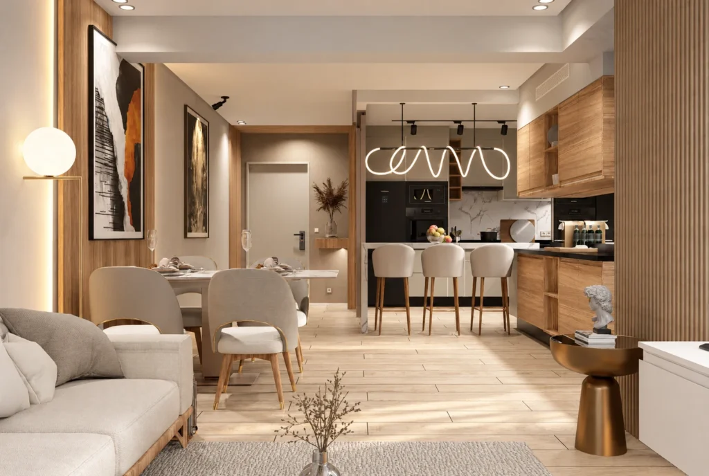 Salon ouvert sur la cuisine — Appartement K, Rabat — rendu 3D DECO3D.ma