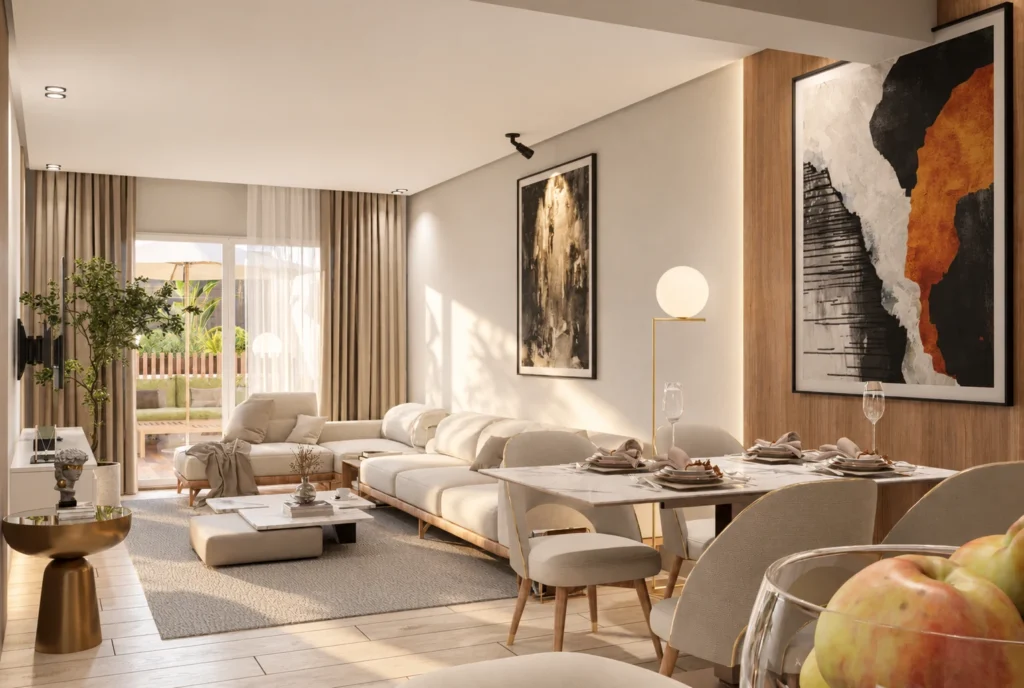 Salon et salle à manger — Appartement K, Rabat — rendu 3D DECO3D.ma