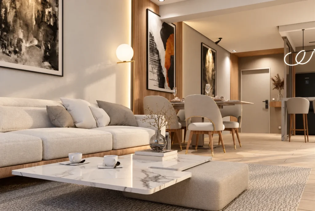Salon avec table basse en marbre — Appartement K, Rabat — rendu 3D DECO3D.ma