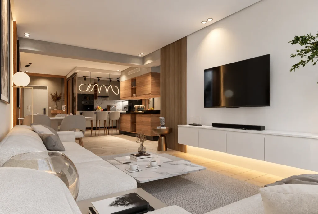 Salon avec télévision et cuisine — Appartement K, Rabat — rendu 3D DECO3D.ma