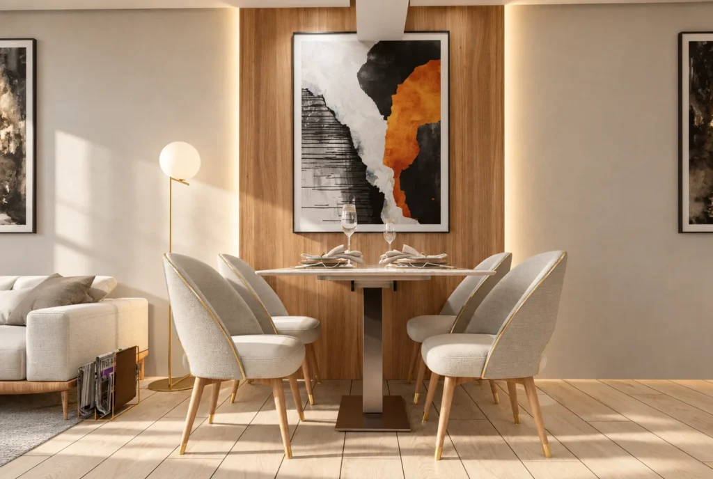 Table à manger et tableau abstrait — Appartement K, Rabat — rendu 3D DECO3D.ma