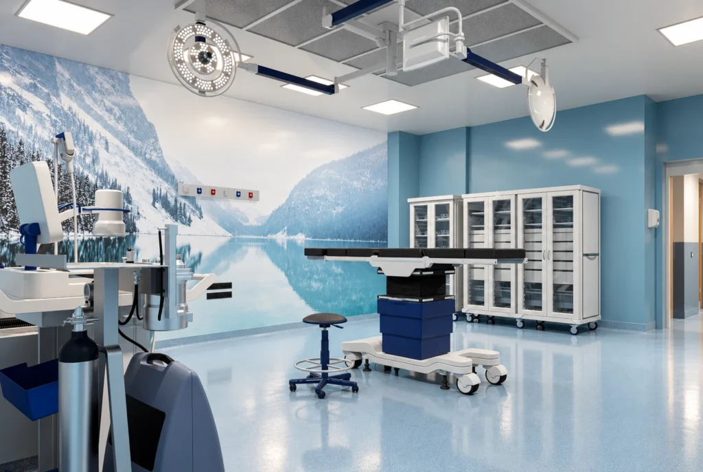 Bloc opératoire avec fresque de lac — Clinique El Kawtar, Rabat — rendu 3D DECO3D.ma