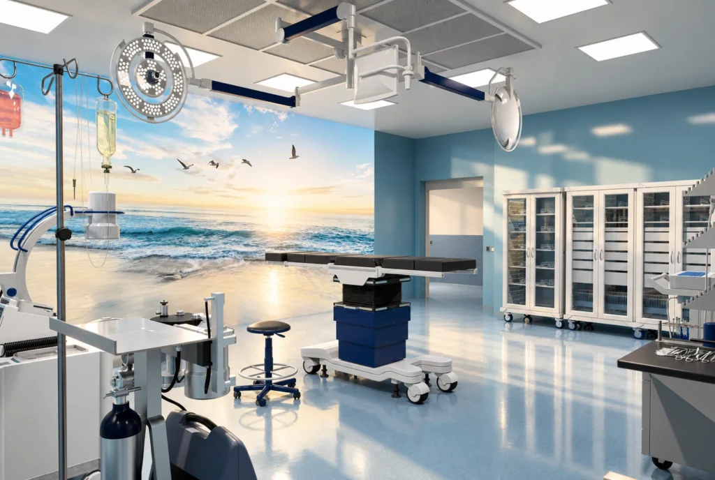 Bloc opératoire avec fresque marine — Clinique El Kawtar, Rabat — rendu 3D DECO3D.ma