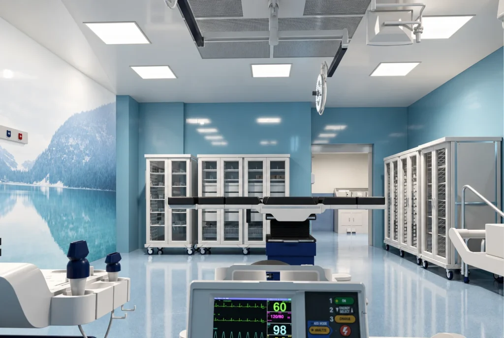 Bloc opératoire avec moniteur au premier plan — Clinique El Kawtar, Rabat — rendu 3D DECO3D.ma