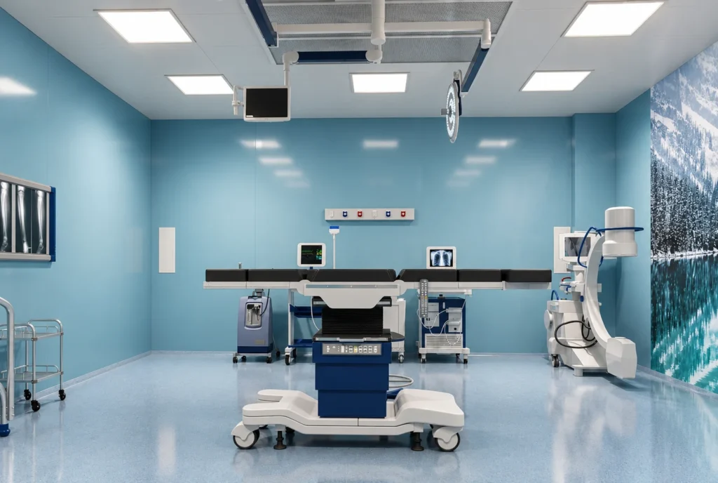 Table centrale du bloc opératoire — Clinique El Kawtar, Rabat — rendu 3D DECO3D.ma