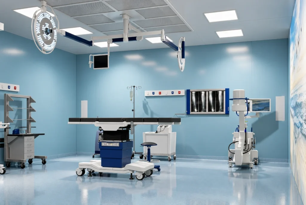 Table et imagerie du bloc opératoire — Clinique El Kawtar, Rabat — rendu 3D DECO3D.ma
