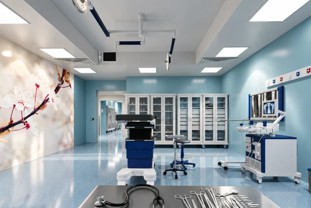 Bloc opératoire vu depuis les instruments — Clinique El Kawtar, Rabat — rendu 3D DECO3D.ma