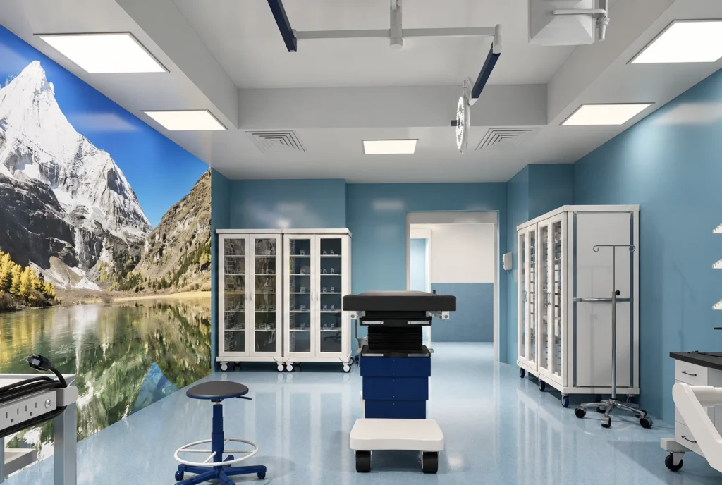Vue des rangements du bloc opératoire — Clinique El Kawtar, Rabat — rendu 3D DECO3D.ma