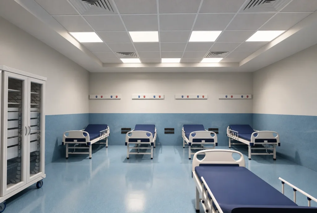 Salle de réveil avec cinq lits — Clinique El Kawtar, Rabat — rendu 3D DECO3D.ma