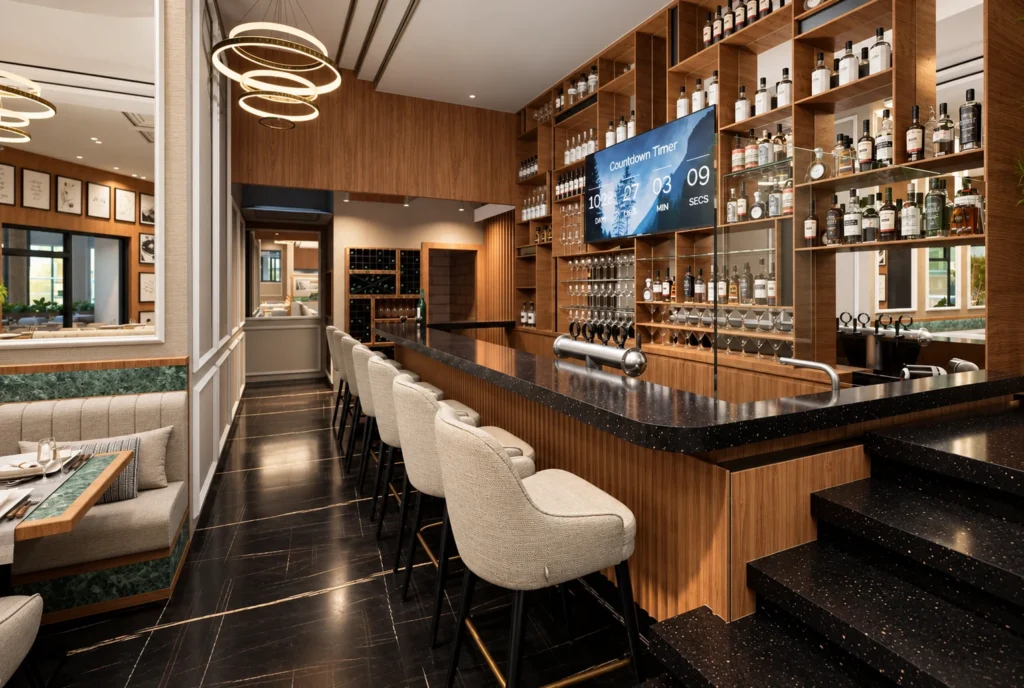 Bar avec comptoir et étagères en bois de l’hôtel Kellermann à Rabat — rendu 3D DECO3D.ma