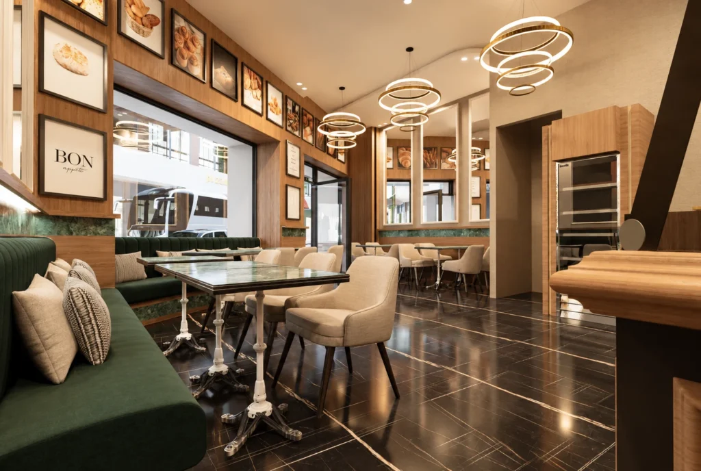 Café avec banquettes vertes de l’hôtel Kellermann à Rabat — rendu 3D DECO3D.ma