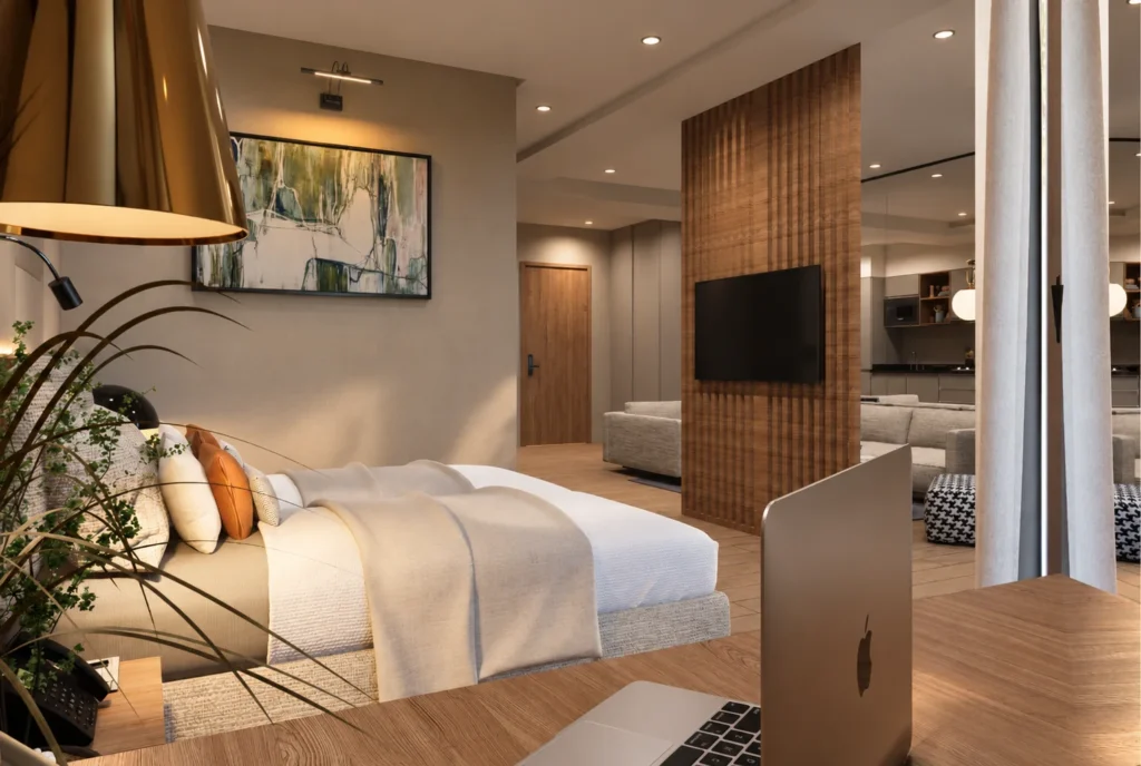 Chambre avec bureau et claustra de l’hôtel Kellermann à Rabat — rendu 3D DECO3D.ma