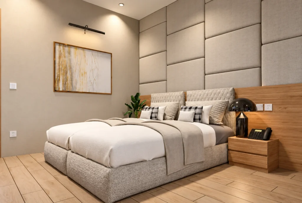 Chambre avec tête de lit matelassée de l’hôtel Kellermann à Rabat — rendu 3D DECO3D.ma