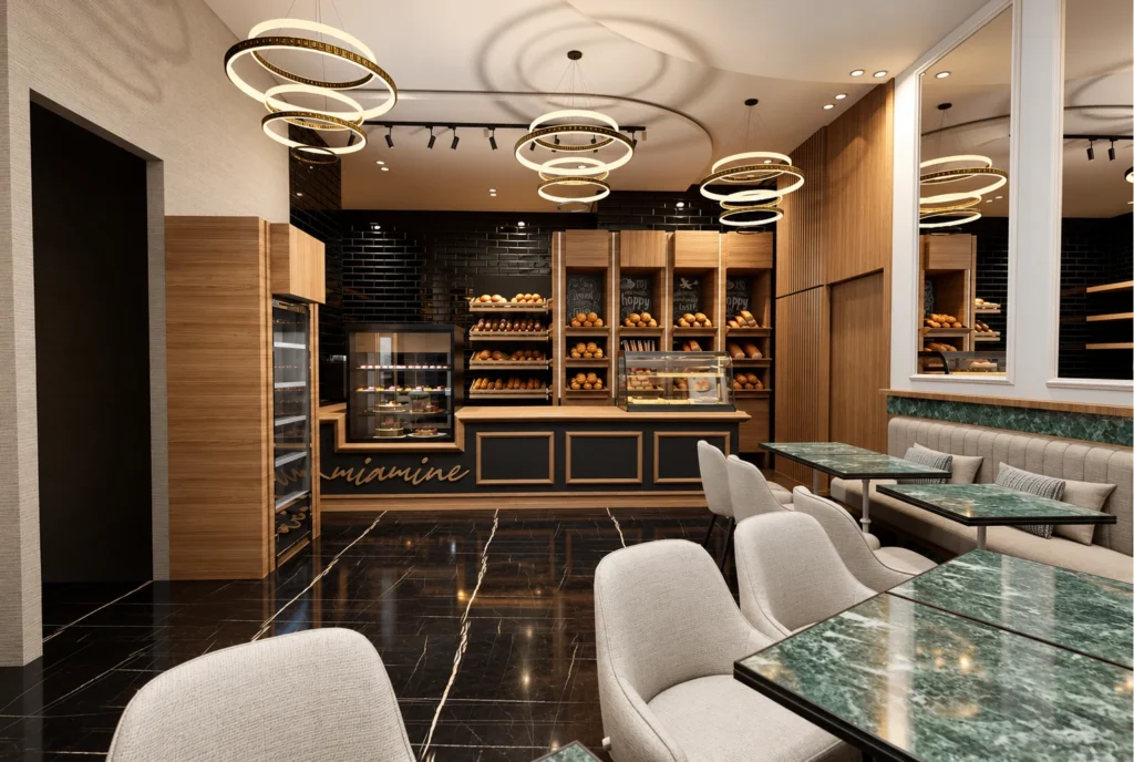 Comptoir de boulangerie et café de l’hôtel Kellermann à Rabat — rendu 3D DECO3D.ma