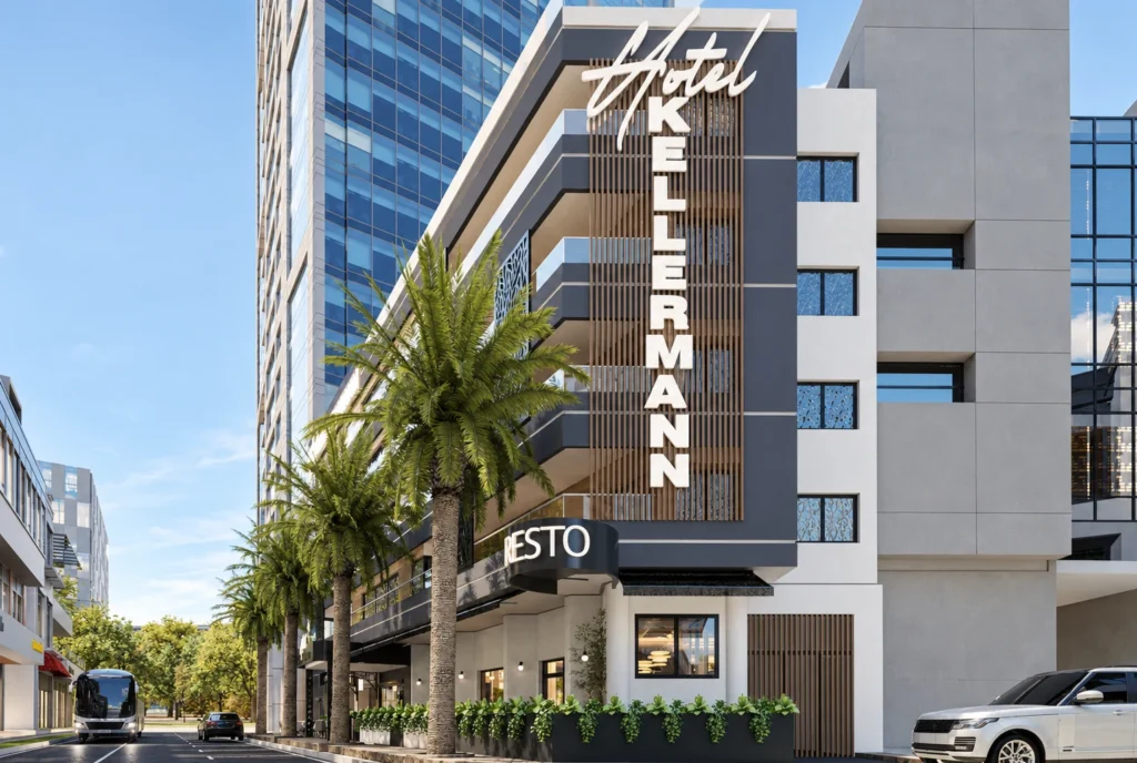 Façade d’angle et enseigne de l’hôtel Kellermann à Rabat — rendu 3D DECO3D.ma