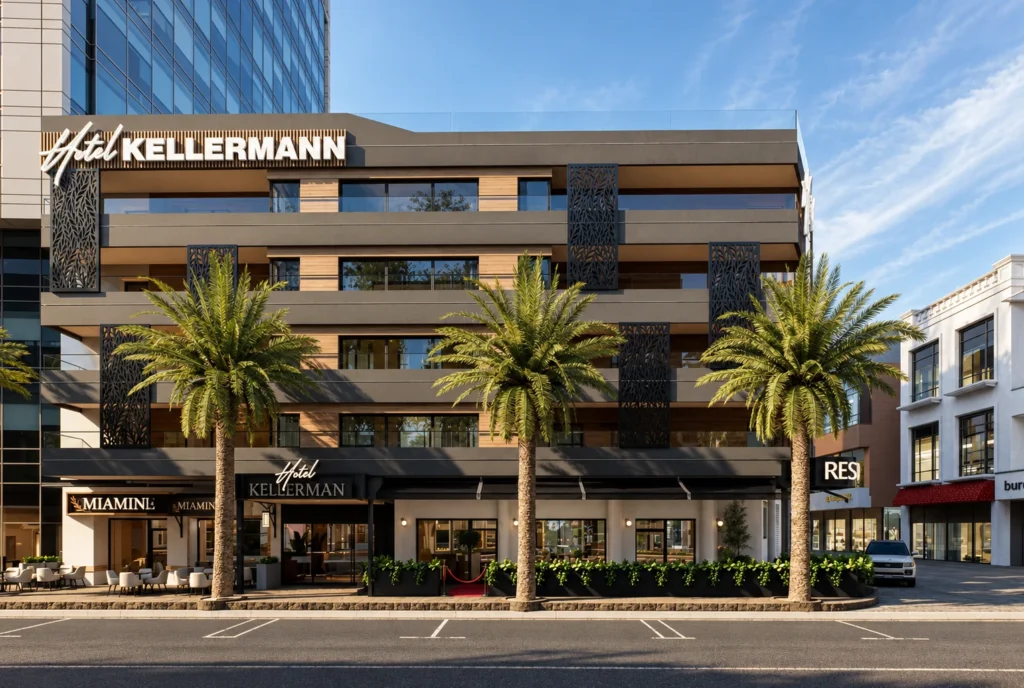 Façade principale et palmiers de l’hôtel Kellermann à Rabat — rendu 3D DECO3D.ma