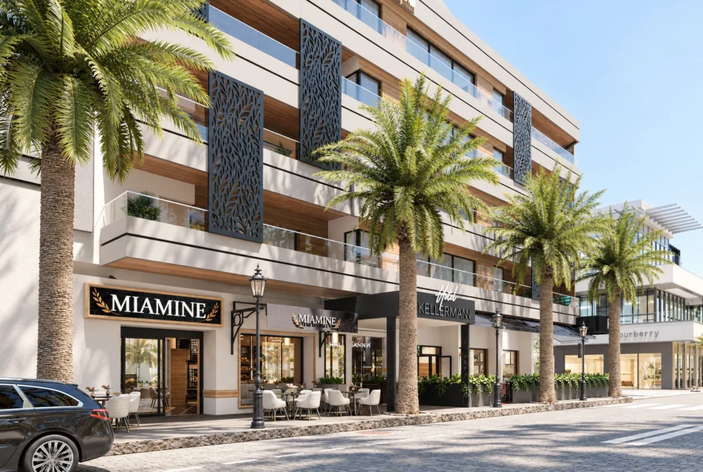 Façade et terrasse du restaurant de l’hôtel Kellermann à Rabat — rendu 3D DECO3D.ma