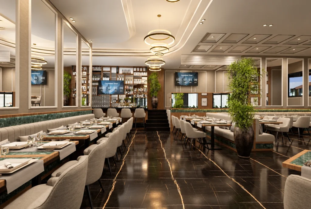 Perspective du restaurant vers le bar de l’hôtel Kellermann à Rabat — rendu 3D DECO3D.ma