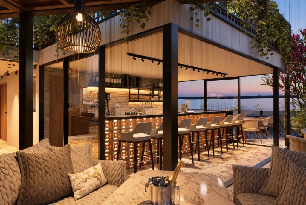 Bar du rooftop et banquettes de l’hôtel Kellermann à Rabat — rendu 3D DECO3D.ma