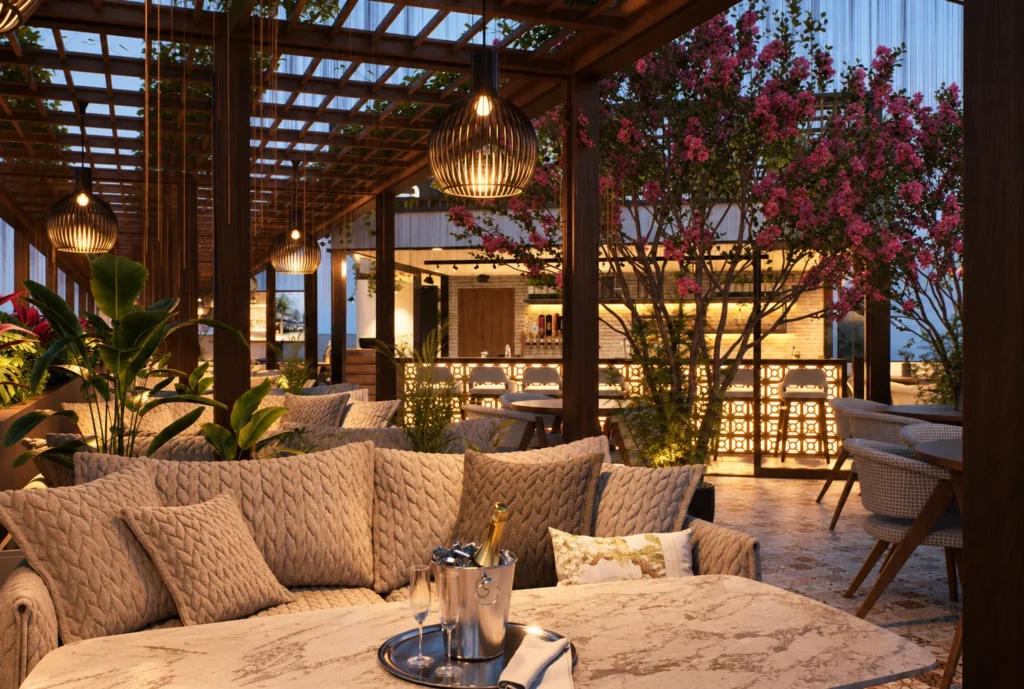 Salon du rooftop sous pergola de l’hôtel Kellermann à Rabat — rendu 3D DECO3D.ma