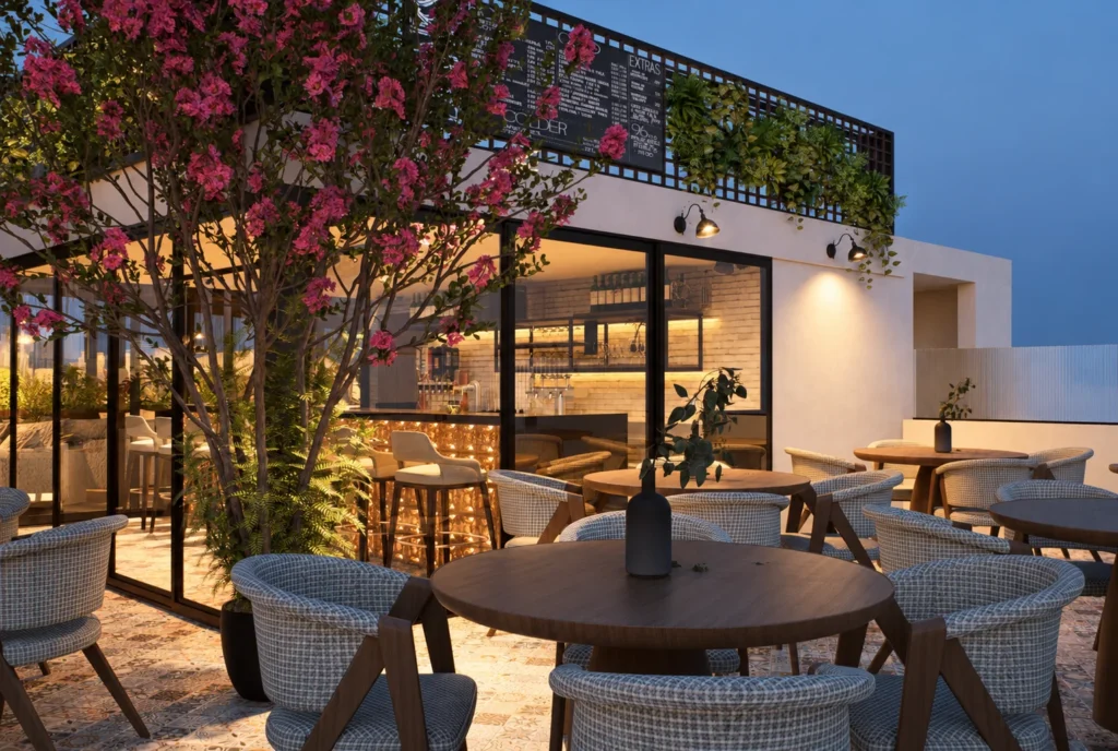 Terrasse fleurie du rooftop de l’hôtel Kellermann à Rabat — rendu 3D DECO3D.ma
