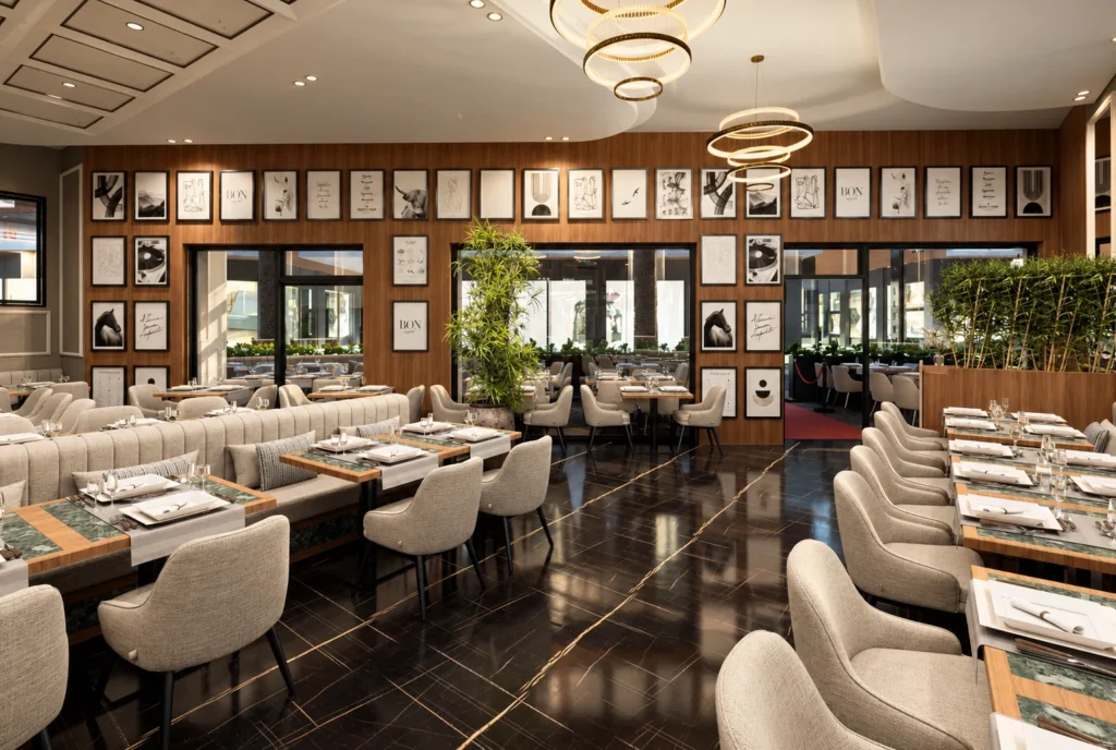Salle de restaurant avec banquettes de l’hôtel Kellermann à Rabat — rendu 3D DECO3D.ma