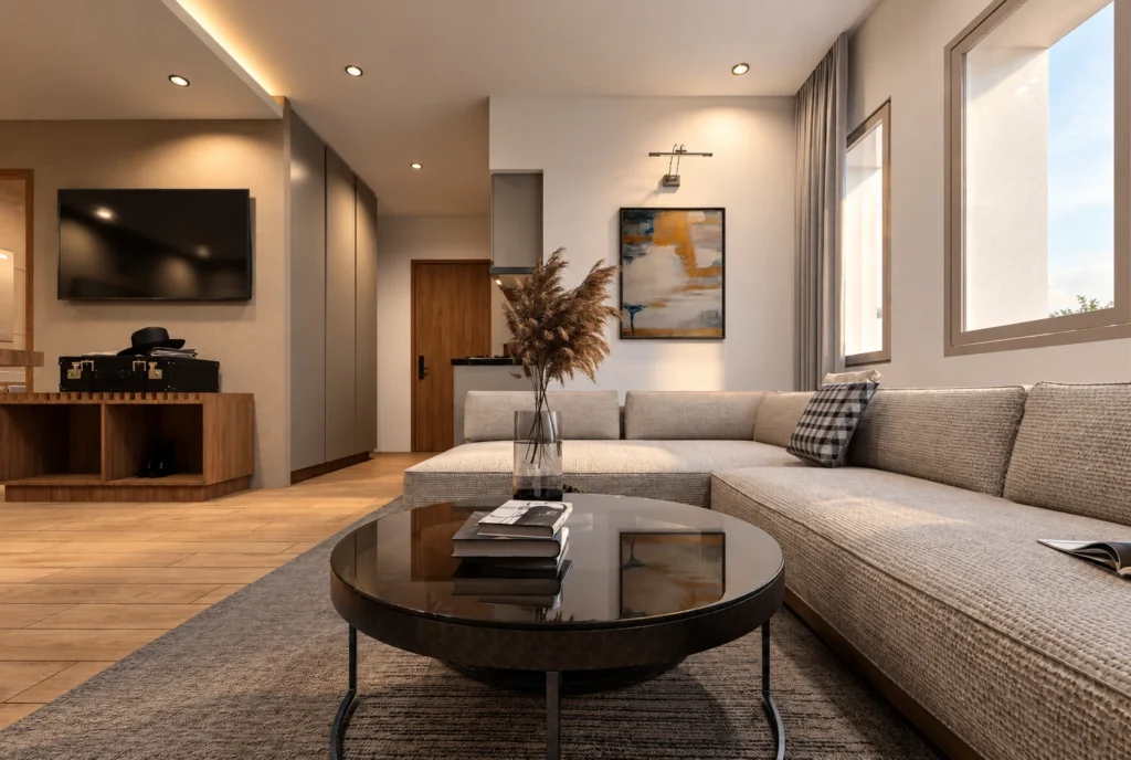 Salon avec table basse ronde de l’hôtel Kellermann à Rabat — rendu 3D DECO3D.ma