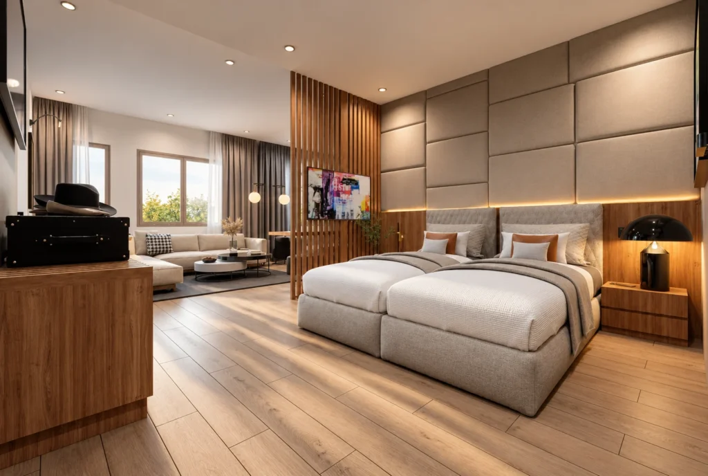 Suite avec lits jumeaux de l’hôtel Kellermann à Rabat — rendu 3D DECO3D.ma