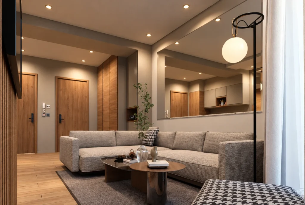 Salon de suite avec canapé d’angle de l’hôtel Kellermann à Rabat — rendu 3D DECO3D.ma
