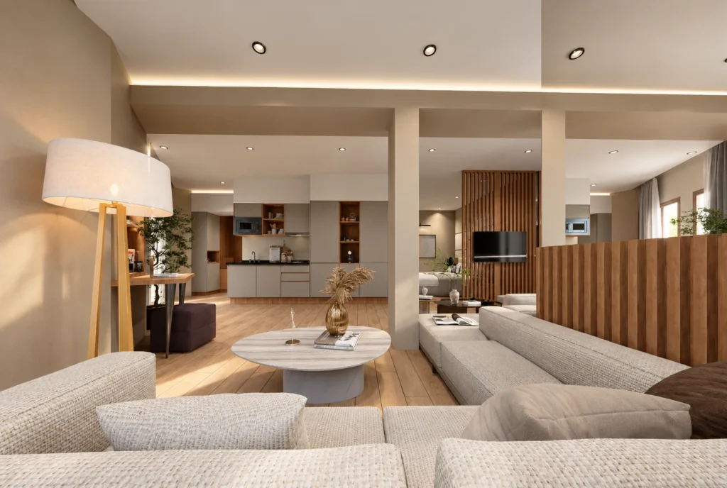 Salon de suite et kitchenette de l’hôtel Kellermann à Rabat — rendu 3D DECO3D.ma