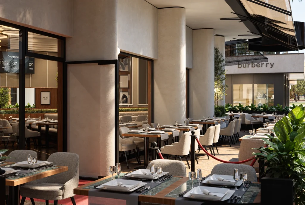 Terrasse et tables du restaurant de l’hôtel Kellermann à Rabat — rendu 3D DECO3D.ma