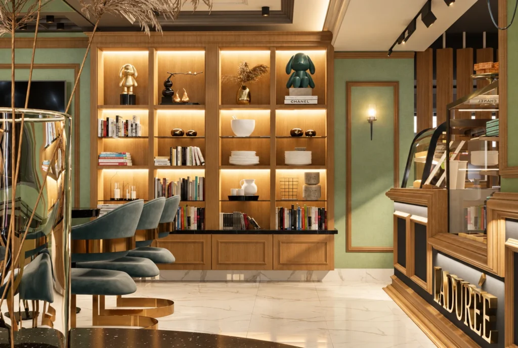 Bibliothèque et comptoir — Restaurant La Durée, Kénitra — rendu 3D DECO3D.ma