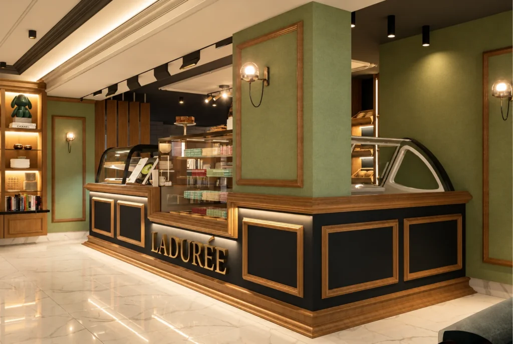 Comptoir de pâtisserie — Restaurant La Durée, Kénitra — rendu 3D DECO3D.ma
