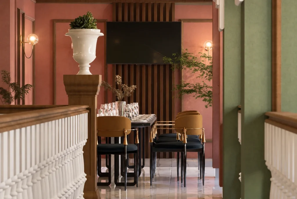 Coursive de la salle rose — Restaurant La Durée, Kénitra — rendu 3D DECO3D.ma