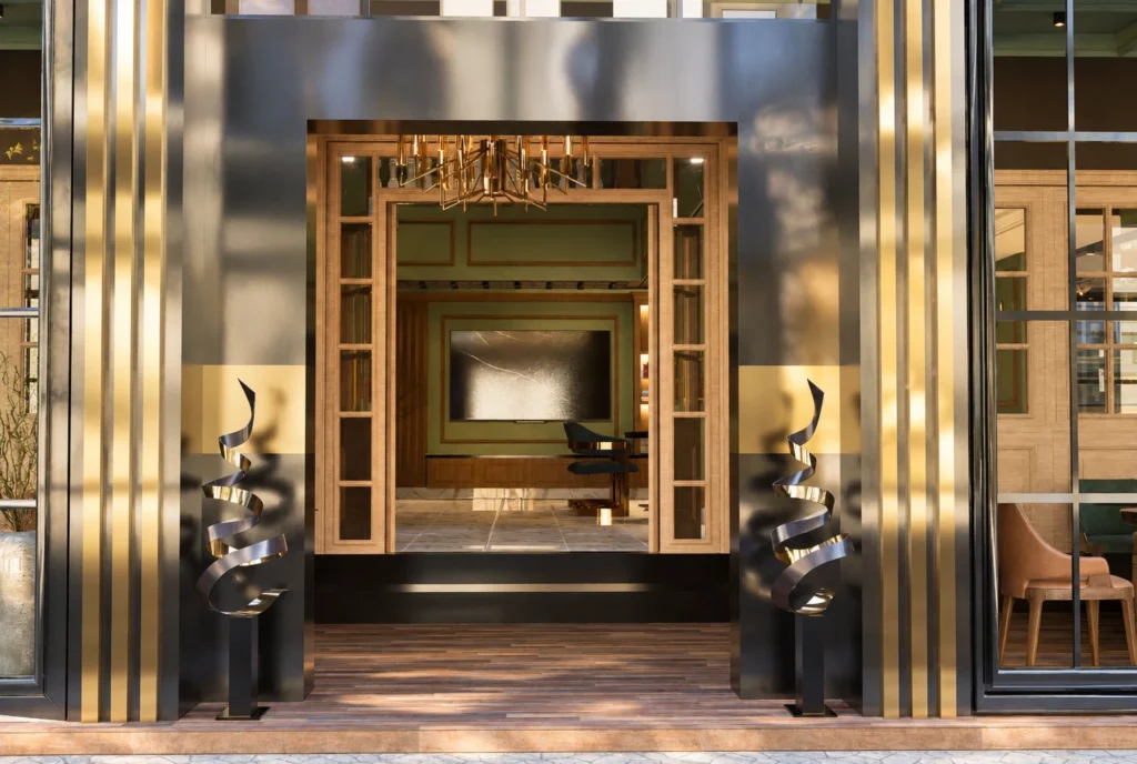 Entrée avec sculptures — Restaurant La Durée, Kénitra — rendu 3D DECO3D.ma