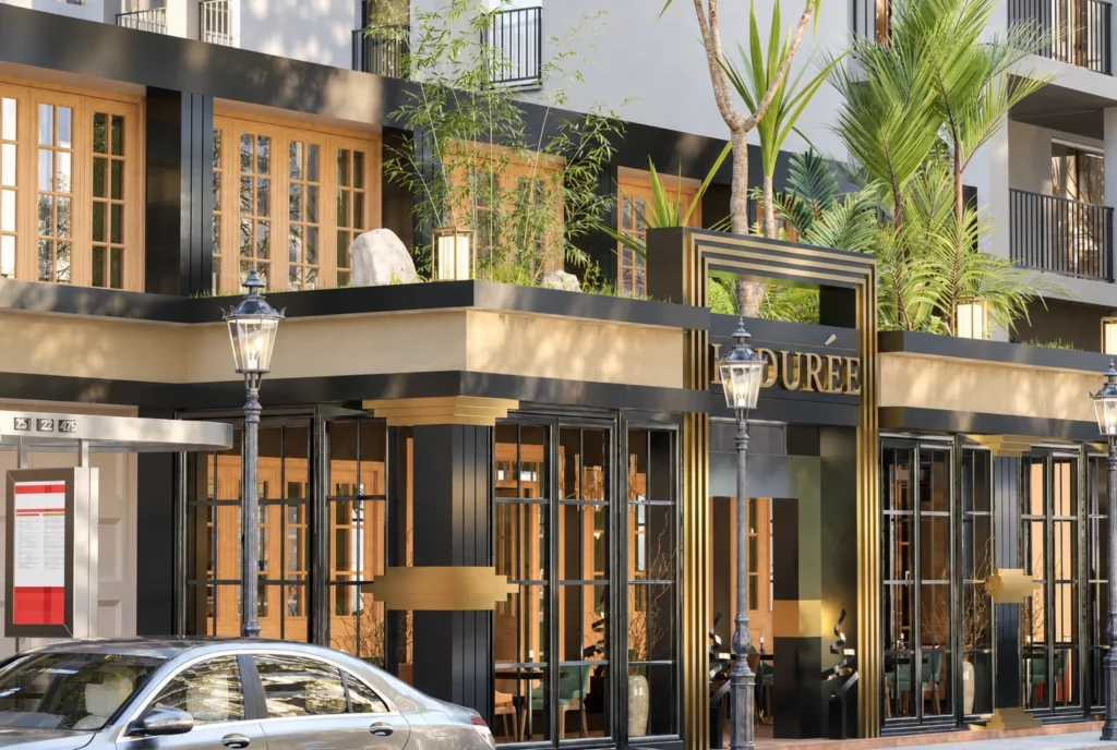 Façade en angle et terrasse — Restaurant La Durée, Kénitra — rendu 3D DECO3D.ma