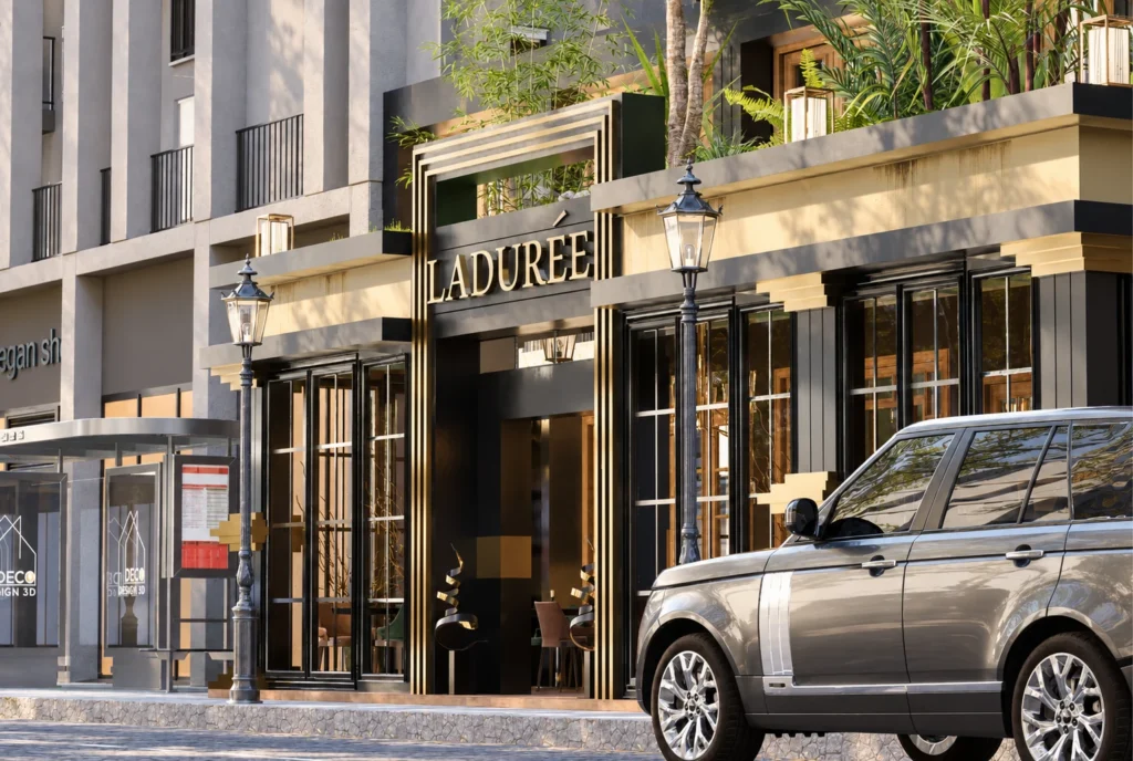 Façade et enseigne du restaurant — Restaurant La Durée, Kénitra — rendu 3D DECO3D.ma