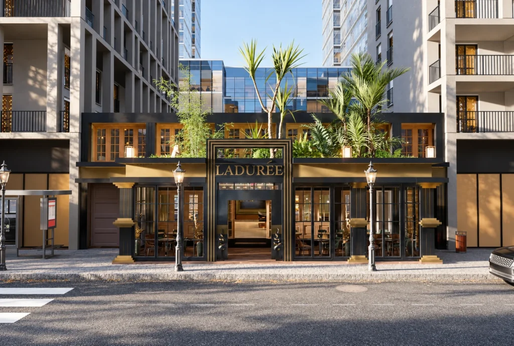 Façade principale végétalisée — Restaurant La Durée, Kénitra — rendu 3D DECO3D.ma