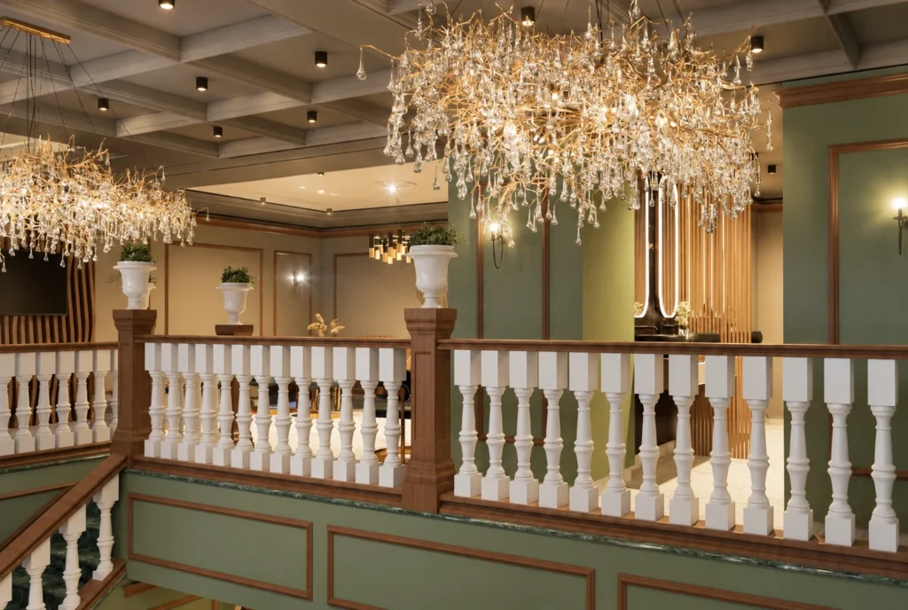 Lustres et balustrade — Restaurant La Durée, Kénitra — rendu 3D DECO3D.ma