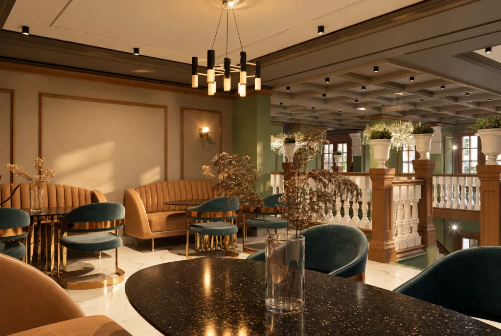 Banquettes de la mezzanine — Restaurant La Durée, Kénitra — rendu 3D DECO3D.ma